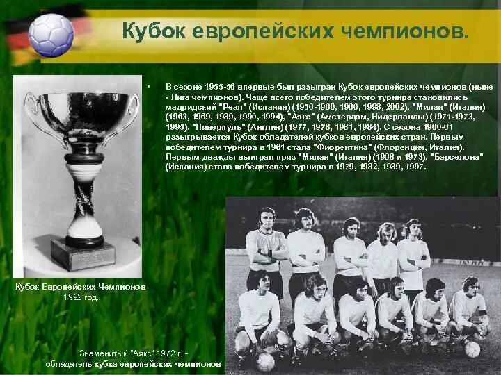 Кубок европейских чемпионов. Кубок европейских чемпионов по футболу 1956. Финал Кубка европейских чемпионов 1988. Кубок европейских чемпионов (приз). Результаты европейских кубков