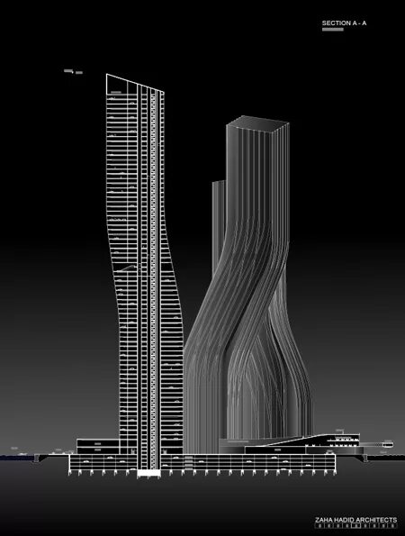 Signature towers. Танцующие башни Заха Хадид. Башни в Дубаях Заха Хадид. Заха Хадид небоскребы Signature Towers. Небоскребы Signature Towers в Дубаи, ОАЭ..