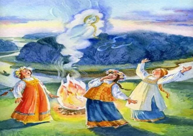 Иллюстрации к сказке снегурочка русская народная сказка. Снегурочка иллюстрации. Снегурачка прыгает через костёр. Снегурочка растаяла. Иллюстрация к сказке снегурочка.