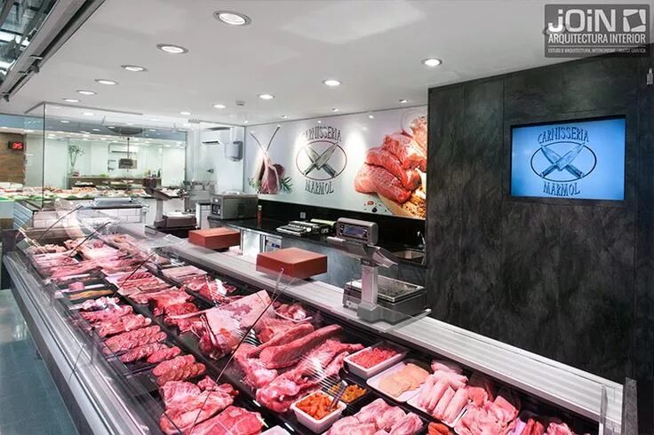 Дизайн мясного магазина внутри фото в современном Food stand. Butcher shop interior design in loft style. Commercial interior desi