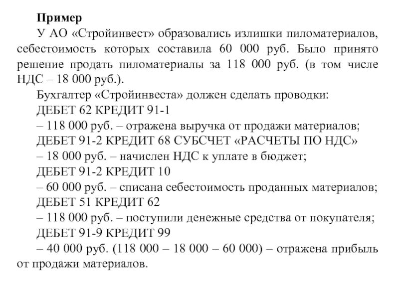 Составляет 60 000 рублей. Принято решение продать излишки НДС. Излишка образовалась. Материалы 800 000 руб., в т ч НДС 144 000 руб проводка.