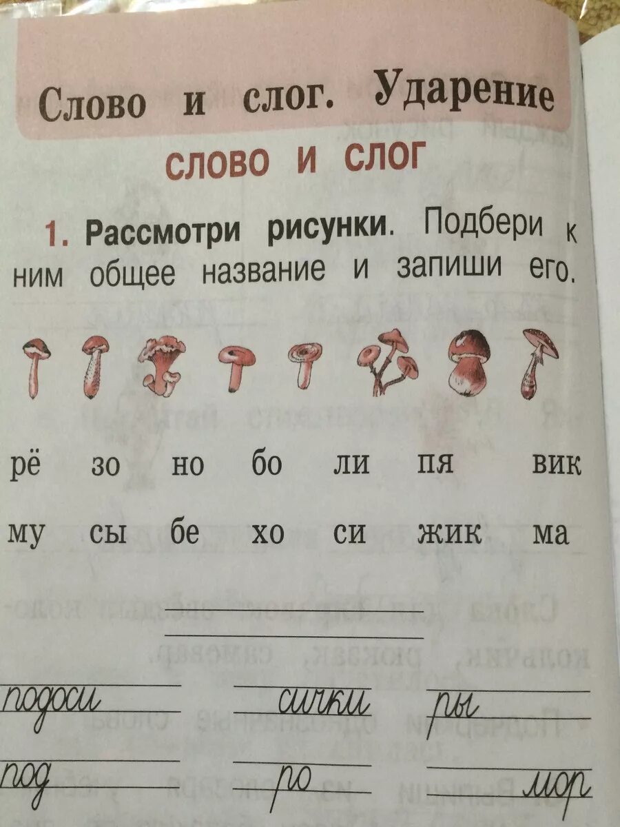 Слово гриб на слоги. Грибы 1 класс русский язык рабочая. Грибы 1 класс русский язык. Названия грибов 1 класс русский язык. Рассмотри рисунки Подбери к ним название и запиши его.
