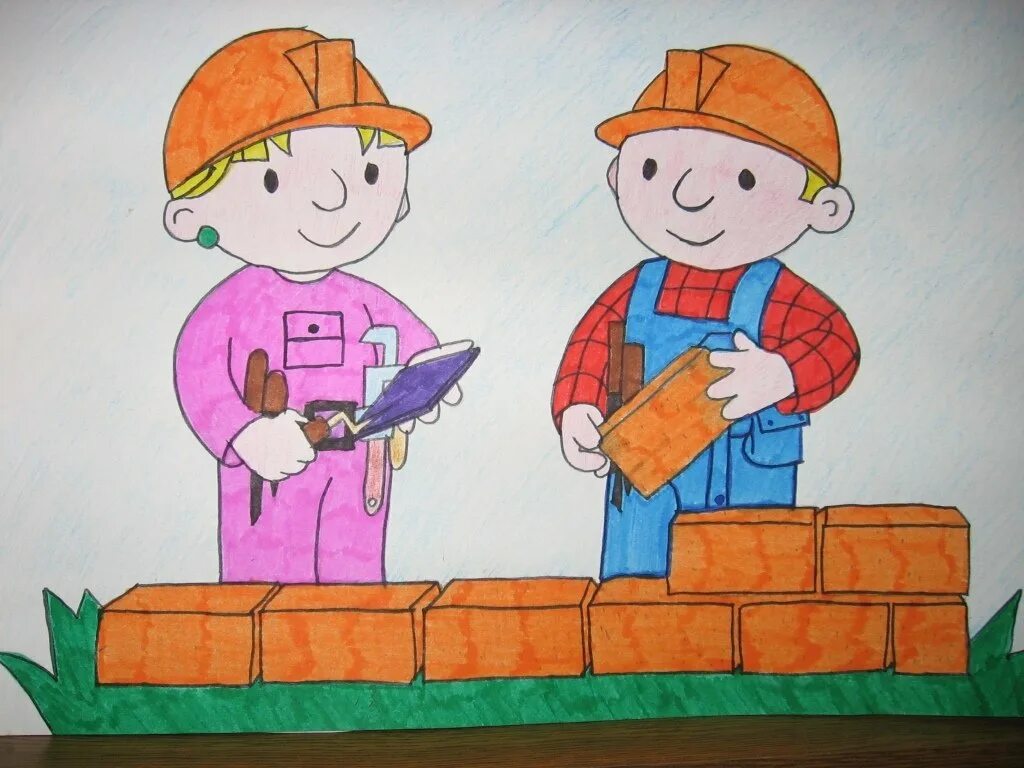 Строить цветные. Строитель детский рисунок. Рисунок на тему профессия. Строитель рисунок для детей. Детские рисунки строителя.