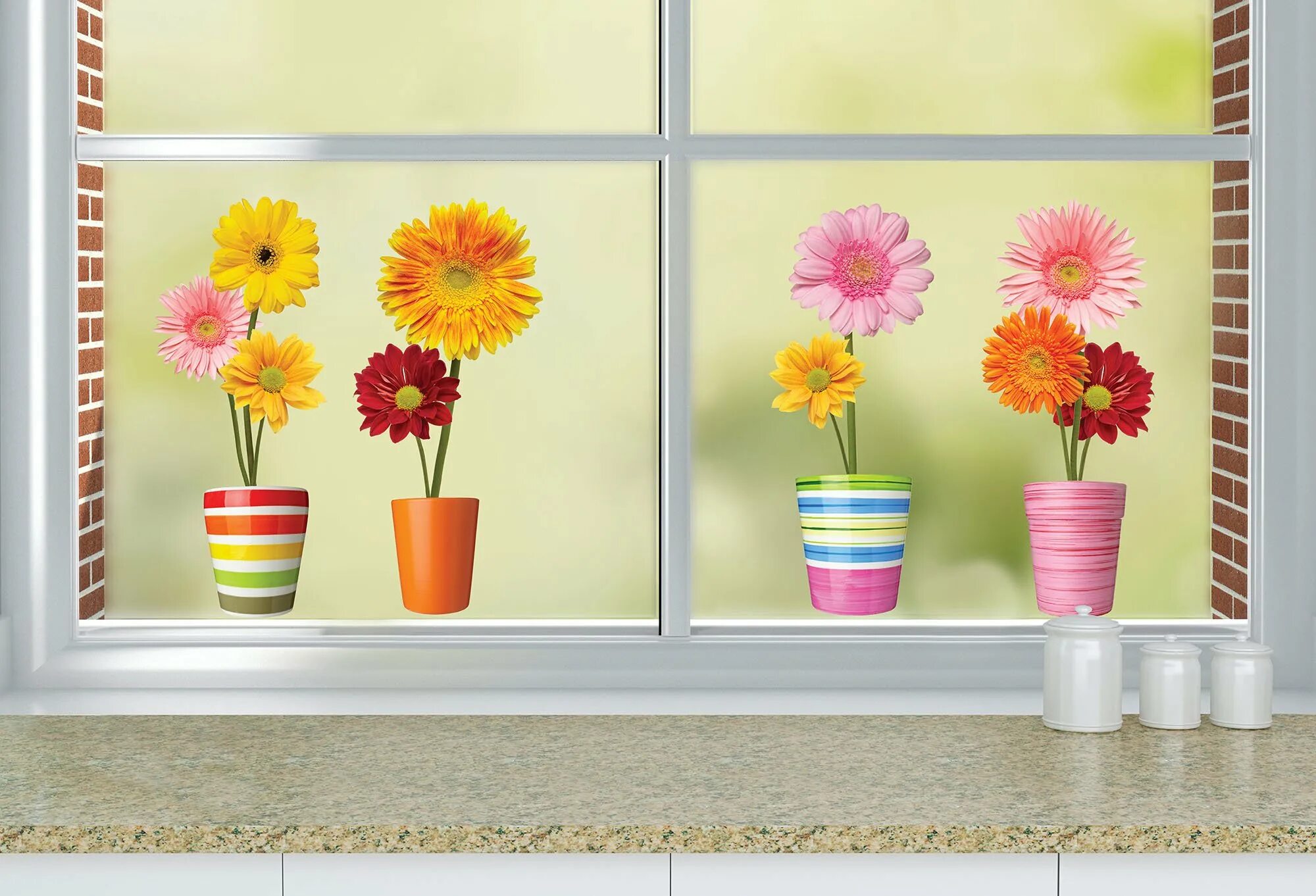 Статические наклейки на окна. Наклейки на окна цветы в горшках. цветы на окне. декоративные цветы на окна. пластиковое окно с цветами.