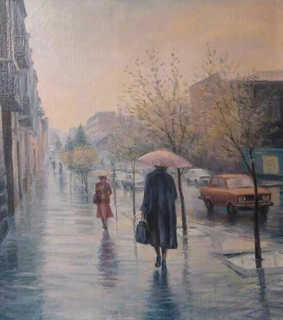 Город долгих дождей. Дождливый пейзаж. Картина дождь. Дождь в живописи. Люди в городе живопись.