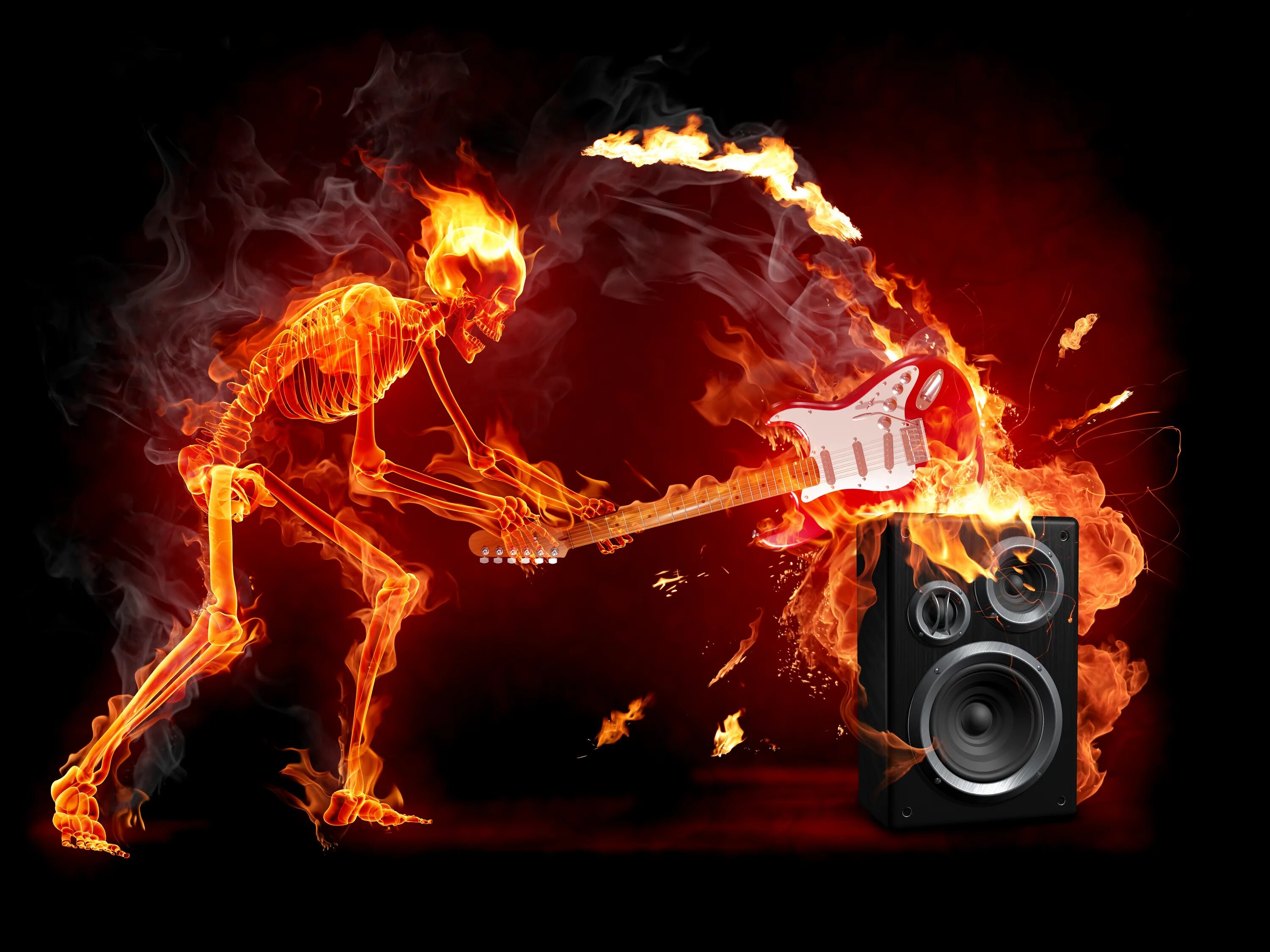 Гитара сгорела. Огненный скелет. Скелет с гитарой в огне. Огненная гитара. Музыкальные обои на рабочий стол.