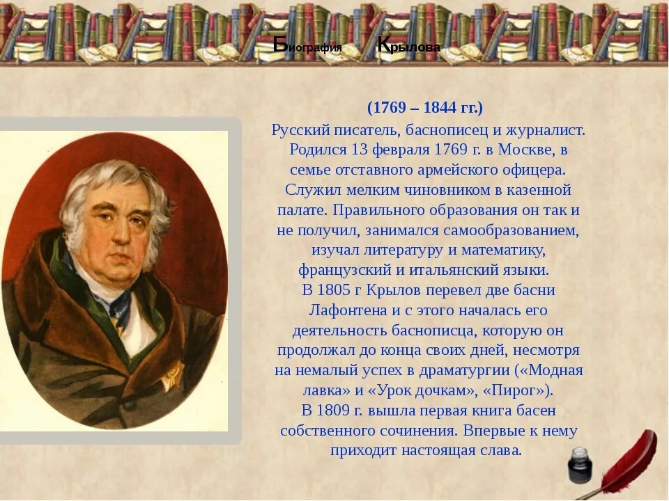 Презентация биография писателей. Творчество баснописца Ивана Андреевича Крылова.