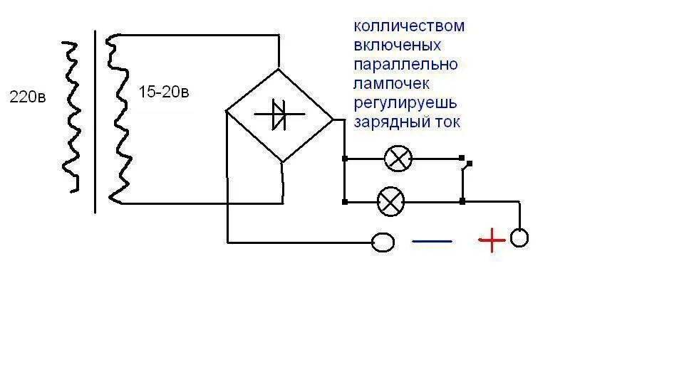 Самодельное автомобильное зарядное. Схема простого зарядного устройства для АКБ автомобиля. Простейшая схема зарядного устройства для автомобильного АКБ. Схема зарядных устройств для аккумуляторных батарей автомобилей. Схема простого ЗУ для АКБ 12 В.