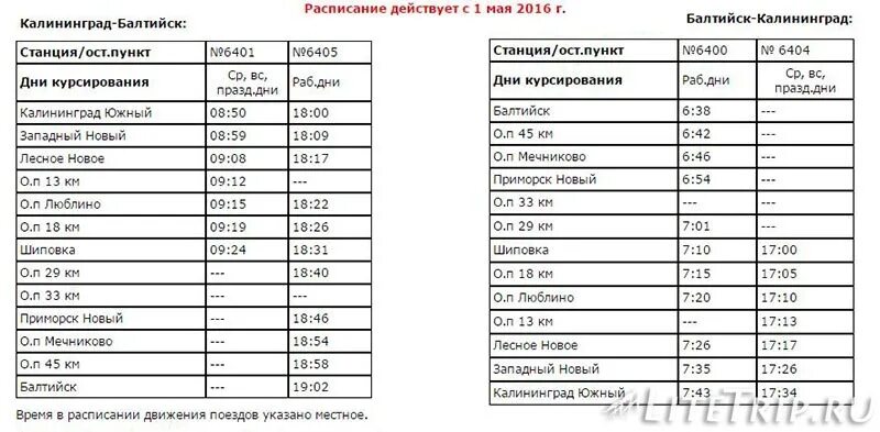 Расписание движения поезда калининград