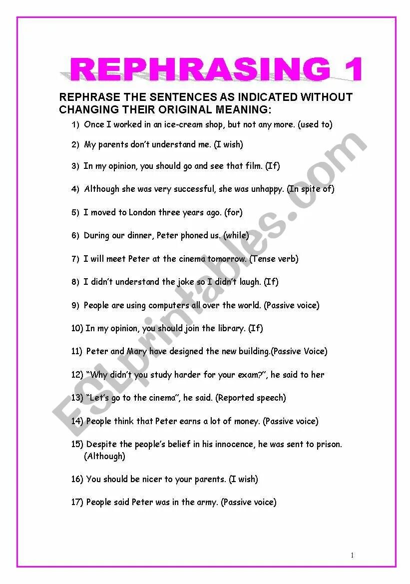 Rephrase the sentences. Rephrasing Worksheets. Rephrasing sentences. Rephrasing 1 Worksheets. Modal verbs paraphrase.