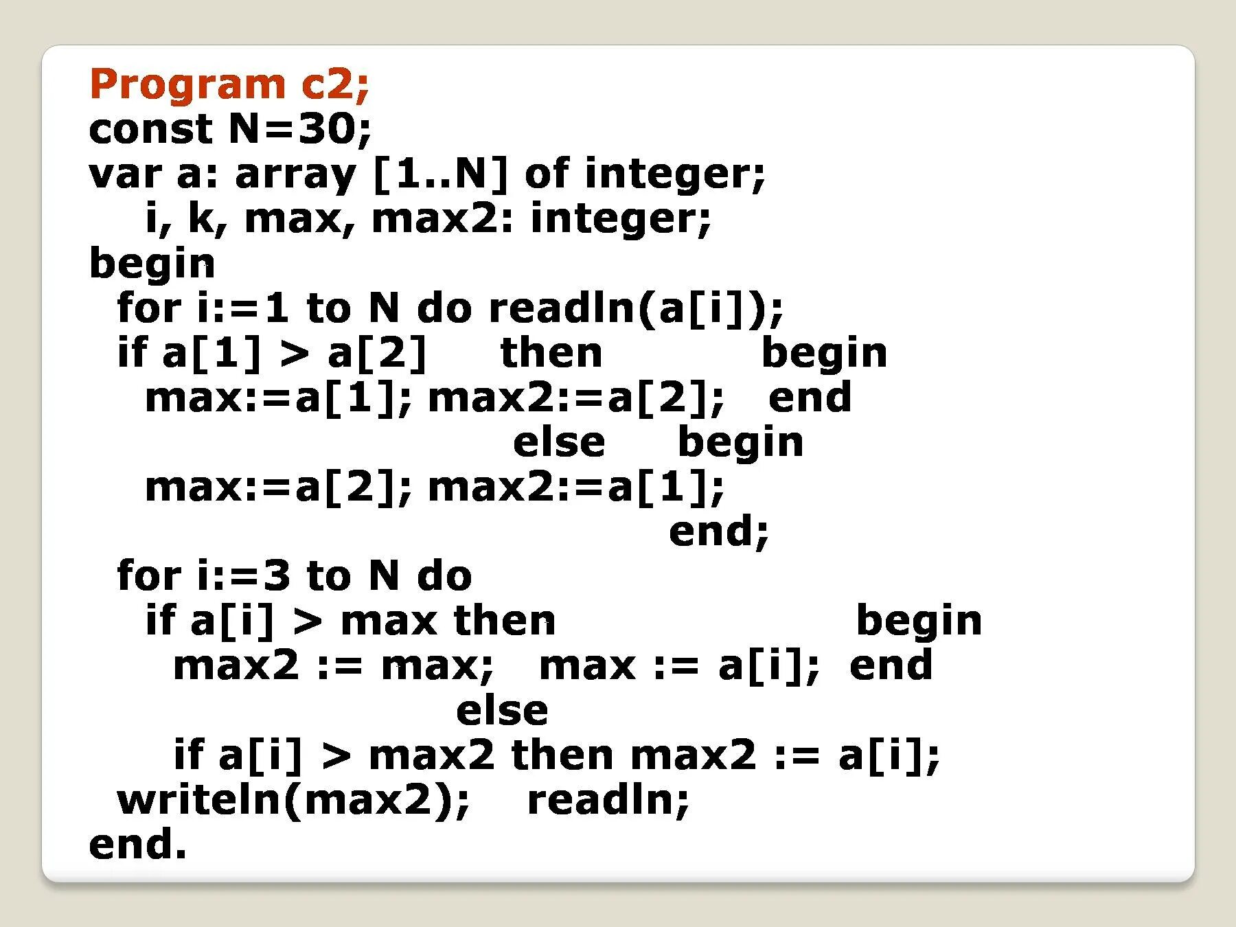 Program const var begin end.. Var a array 1 n of integer. Program Max var a. A : array [1..n] of integer.