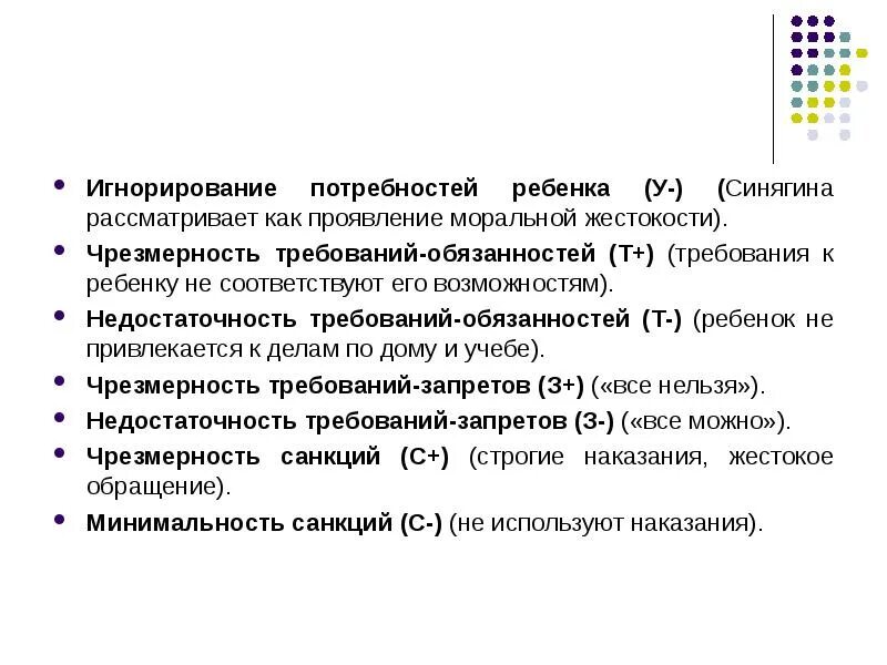 Игнорирование требований. Недостаточность требований-обязанностей ребенка. чрезмерность требований-обязанностей. игнорирование обязанностей. недостаточность в требовании.