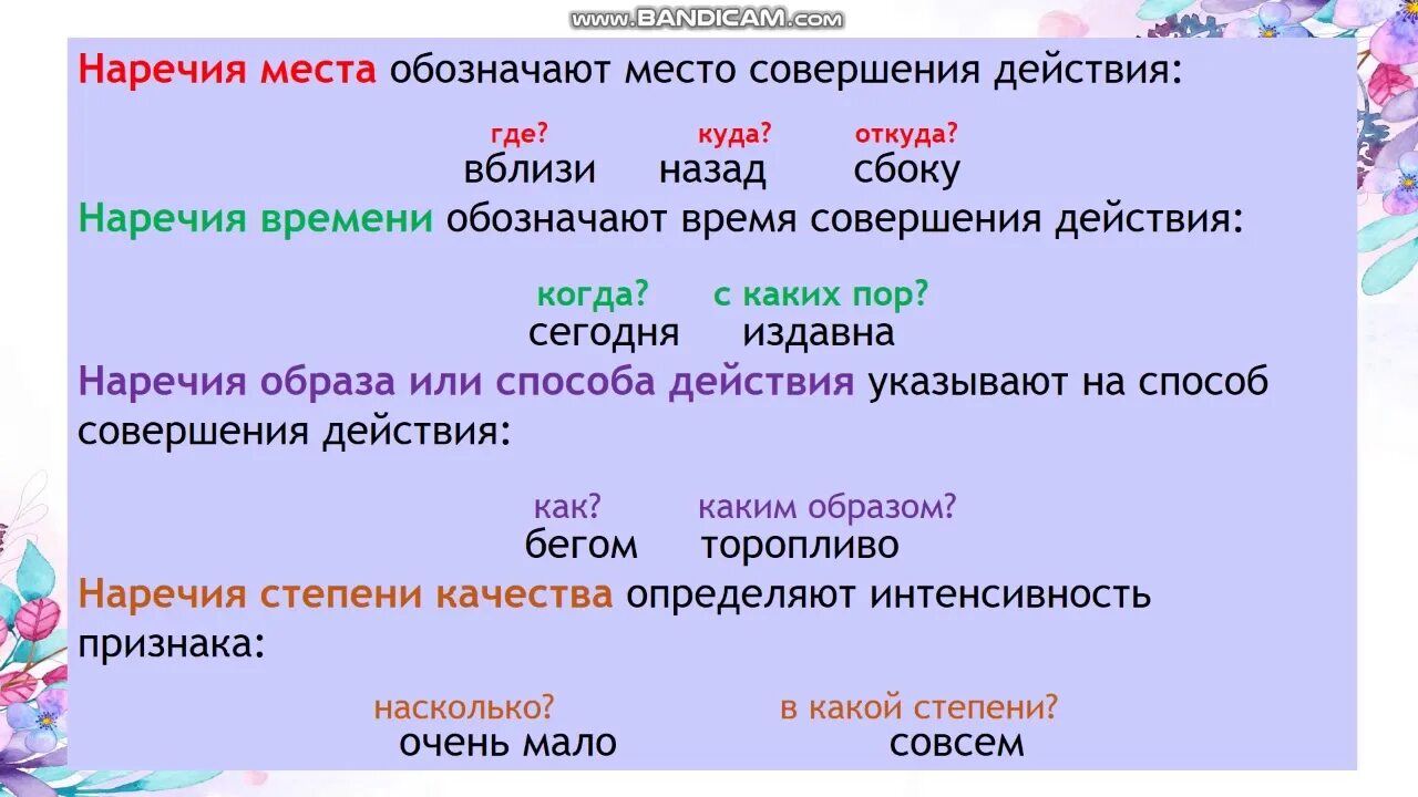 Конспект по русскому языку наречия. Наречия. Наречие места. Наречия места времени образа действия степени качества. Наречия действия времени места.