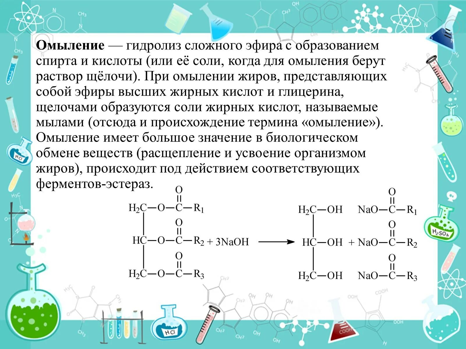 Механизм реакции омыления жира. Щелочной гидролиз сложных эфиров мыло. Химическая реакция процесса омыления жиров. Реакция омыления жиров формула NAOH. Получение мыла из жиров основано на реакциях