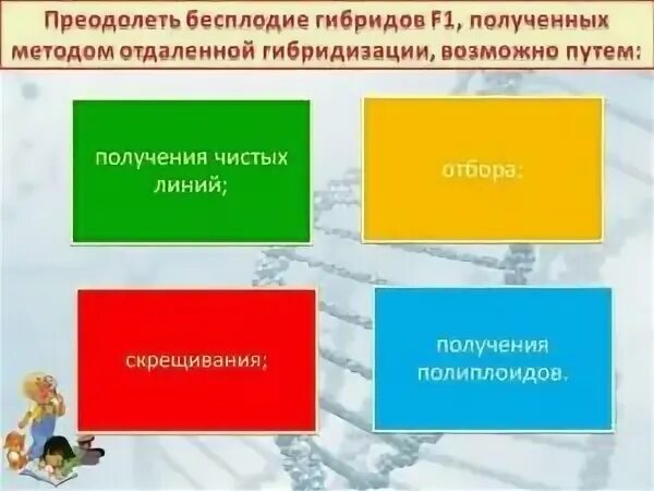 Разработать способы преодоления бесплодия. Методы преодоления бесплодия у межвидовых гибридов.. способы преодоления бесплодия у отдаленных гибридов. причины бесплодия гибридов. бесплодие гибридов первого поколения.