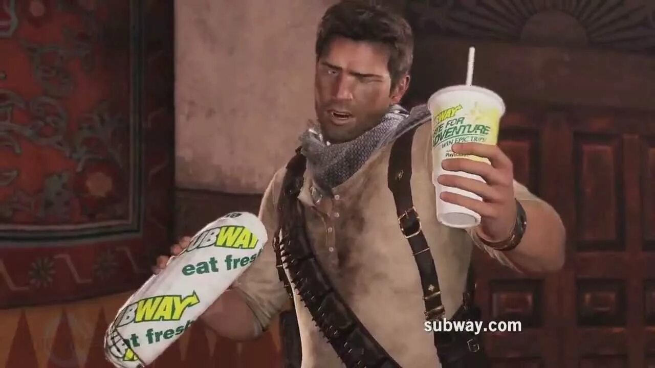 Game advertising. Uncharted 3 реклама Subway. Product Placement в компьютерных играх. Продукт плейсмент в играх. Реклама в видеоиграх.