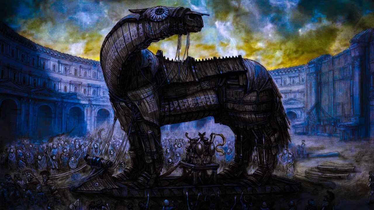 Троянский конь одиссея. Троянский конь илиада. Троянский конь картина. Троянский конь картина. Троянский конь падение трои.