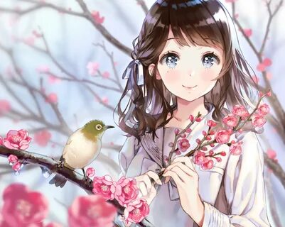 Download wallpaper look, anime, Sakura, girl, bird, white-eyed, section art in resolution...