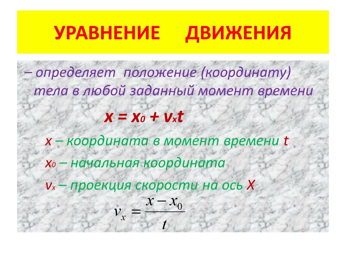 Как определить в каком положении находится. Уравнение движения тела формула. Как определить уравнение движения физика. Уравнение движения физика формула. Формула координаты тела при равномерном движении.