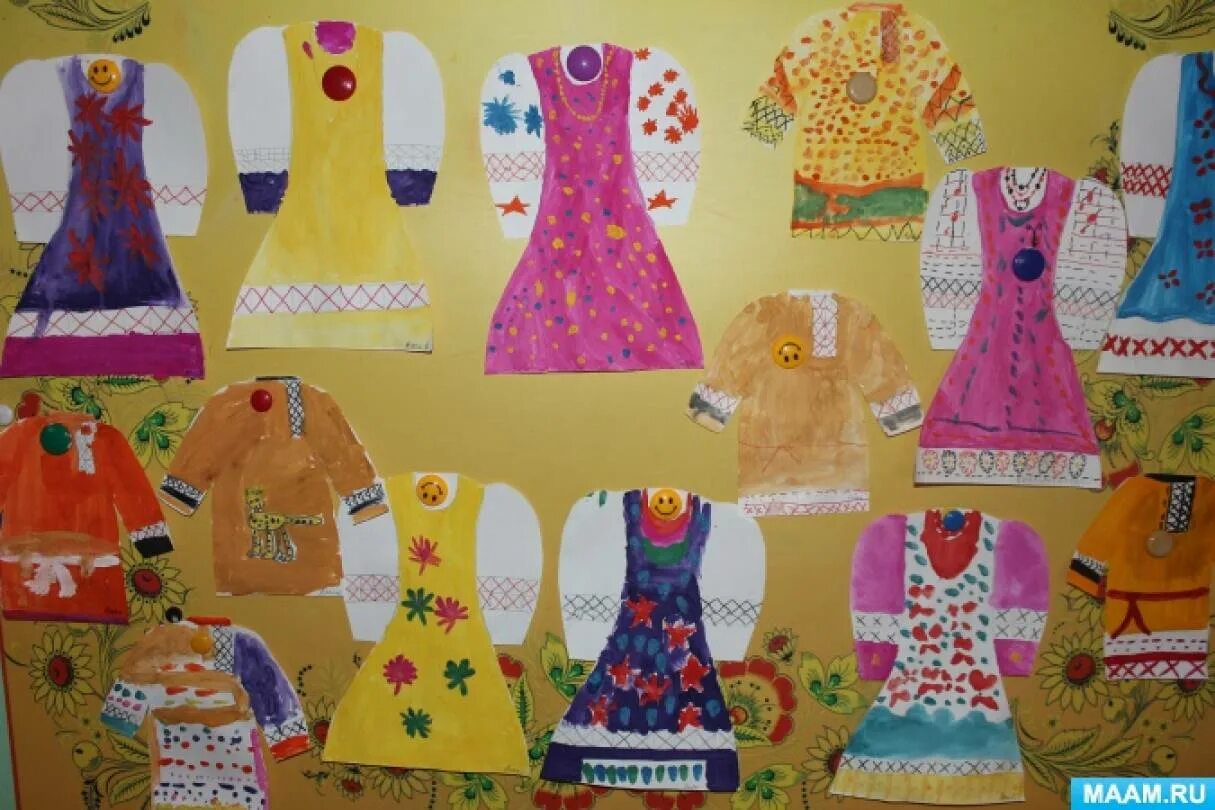Неделя искусства в подготовительной группе. Рисование платья в старшей группе. Рисование одежда старшая группа. Одежда для аппликации в детском саду платье. Детские работы на тему одежда.