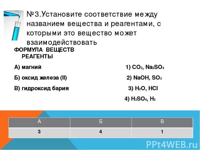 Соответствие между формулой вещества и реагентами. Соответствие между формулой вещества и реагентами