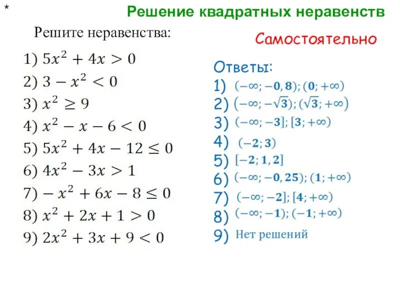 Составить 5 неравенств. Решение неравенств квадратных уравнений. Алгоритм решения неполного квадратного неравенства. Решение неполных квадратных неравенств. Как решать неравенства с квадратным уравнением.