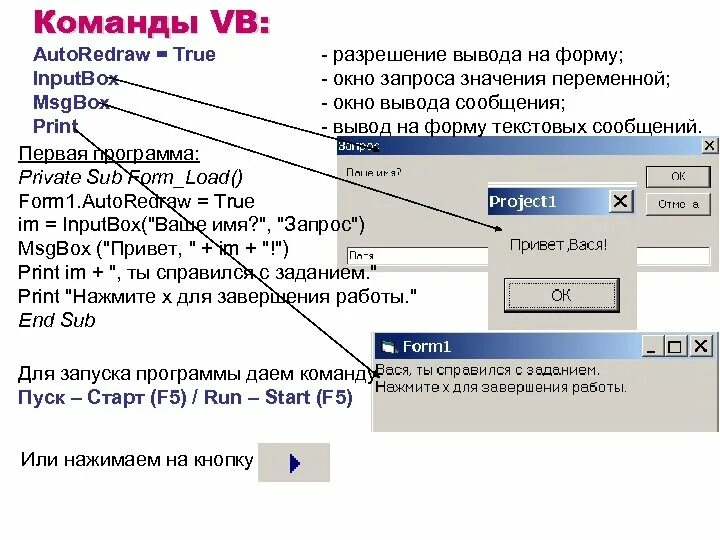 Какая команда отвечает за вывод информации. Укажите команды для вывода данных. Укажите команды для ввода данных. Visual Basic команды. Visual Basic основные команды.