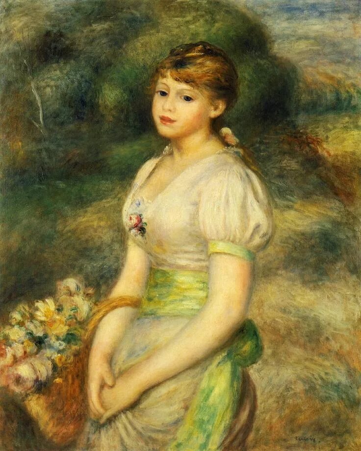 Пьер Огюст Ренуар. Огюст Ренуар художник. Girl with Flowers Пьер Огюст Ренуар 1888. Пьер Огюст Ренуар девушка. Художник пьер огюст ренуар картины