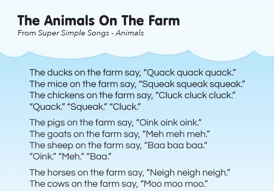 Текст песни originals. The animals on the Farm super simple Songs. Farm текст. The best текст. Simple the best текст.