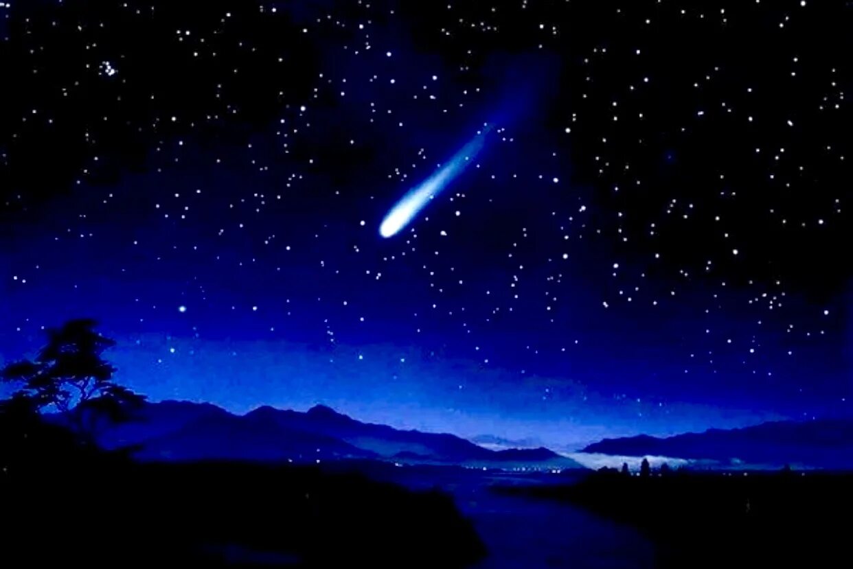 Падающая звезда. Звездное небо с кометой. Звездное небо с падающей звездой. Ночное небо Падающая звезда. Небо украшают звезды