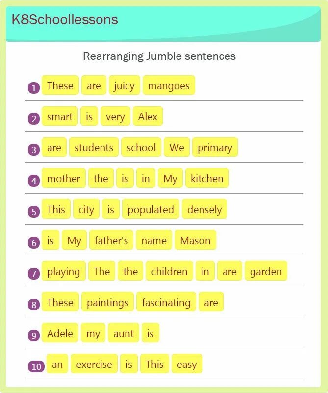 Unscramble the sentence for Kids. Making sentences for Kids. Sentence in English for Kids. Present simple Unscramble the sentences.