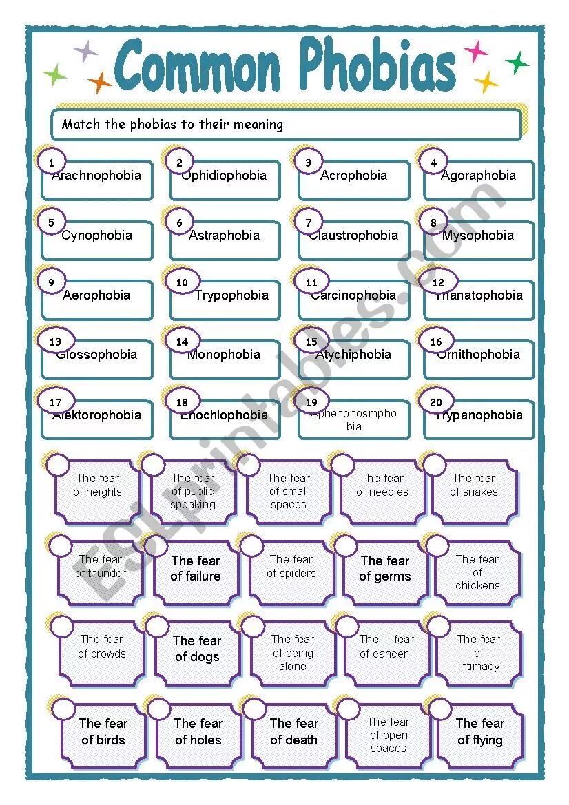 Fears and phobias worksheets. Phobias vocabulary. Fears and phobias vocabulary. Страхи и фобии на английском языке. Phobias worksheet.