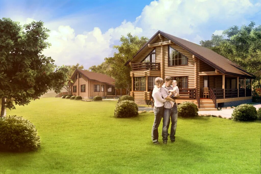 Ваш идеальный дом. Загородный домик. Семья в деревянном доме. Деревянный дом. Красивый домик для семьи.