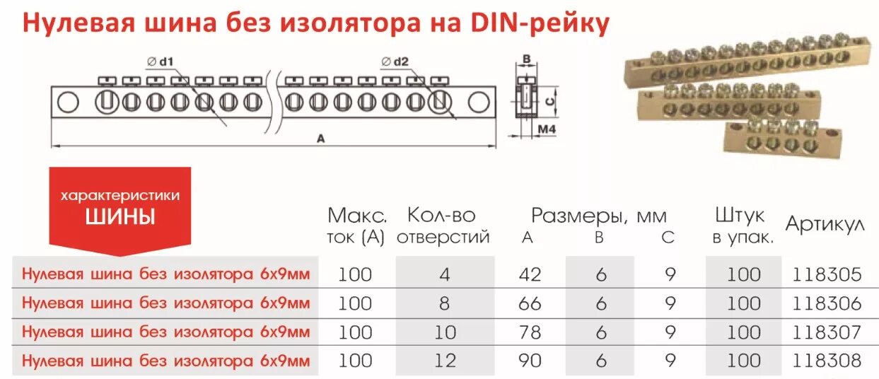 Шина нулевая IEK 8/2 6х9 мм Размеры.