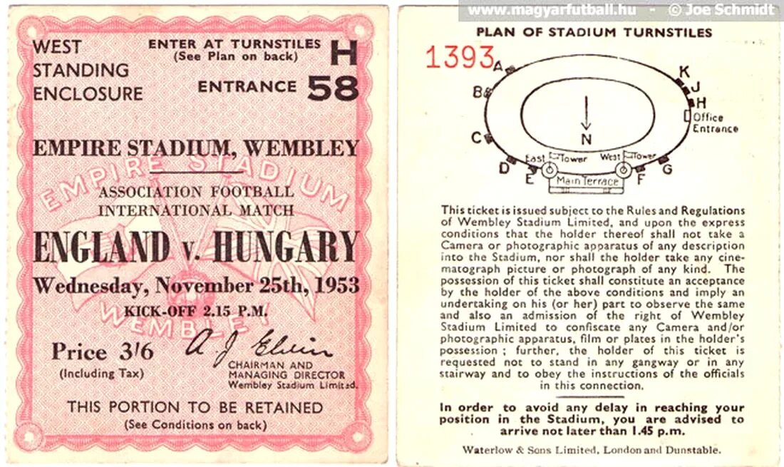 Ticket issued. England Hungary 1953. Англия 1953.