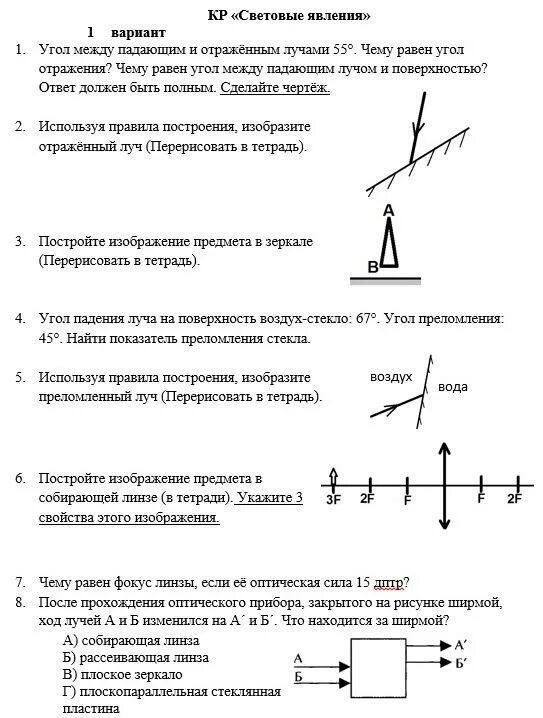 Контрольная работа световое явление 8 класс