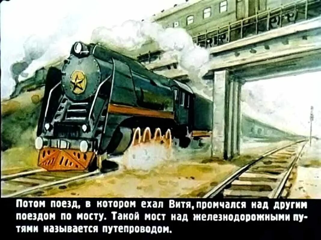 Поезд шел днем 7 часов. Диафильм железная дорога. Диафильм поезд идет. Железнодорожный диафильм. Иллюстрации из книги поезд идет.