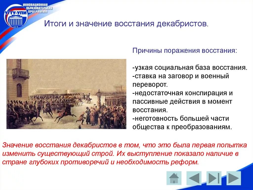 Причины поражения россии кратко. Восстание Декабристов 1825 причины ход итоги. Причины неудач Декабристов 1825. Причины неудачи и историческое значение Восстания Декабристов. Восстание Декабристов причины Восстания причины поражения значение.