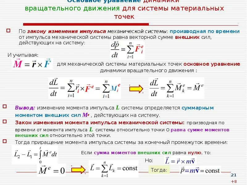 Момент времени движения материальной точки. Основное уравнение динамики системы материальных точек. Основное уравнение динамики Импульс. Уравнение движения момента импульса. Изменение импульса системы материальных точек формула.