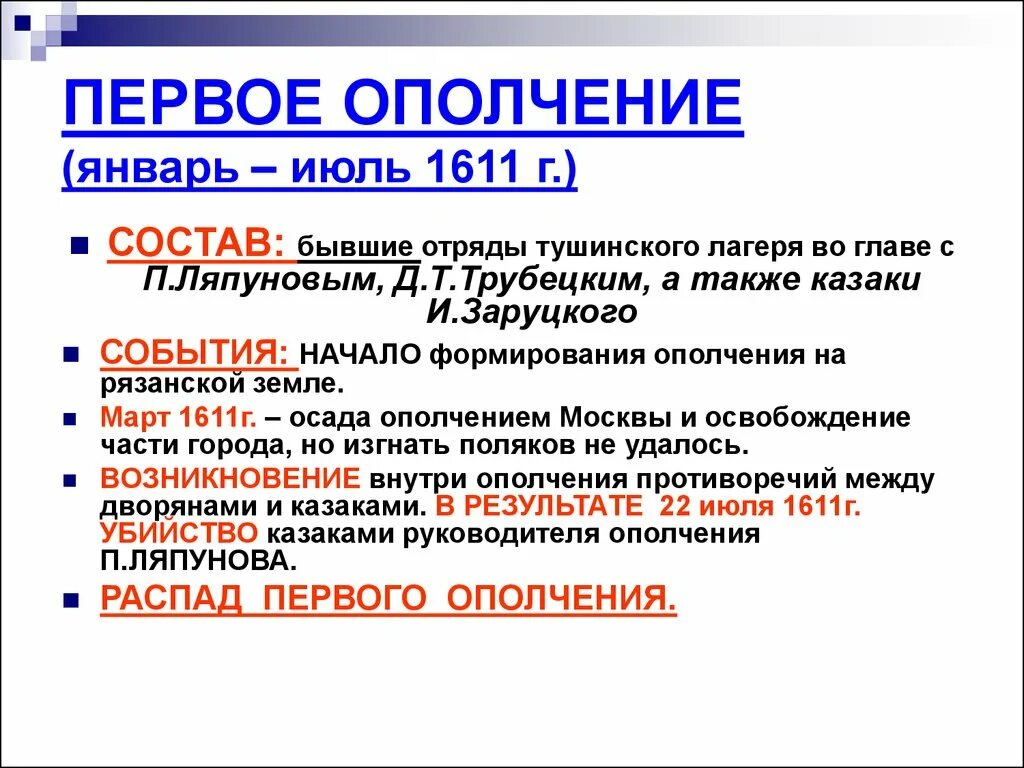 Первое земское ополчение 1611г.. Первое народное ополчение основные события. Основные события 1 ополчения. Первое ополчение в Смутное время. Результаты первого народного ополчения