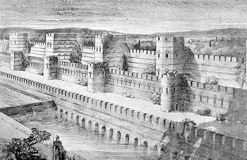 Стены византии. Феодосиевы стены константинополя. стены константинополя в стамбуле. крепостные стены константинополя. реконструкция константинополя стены феодосия.