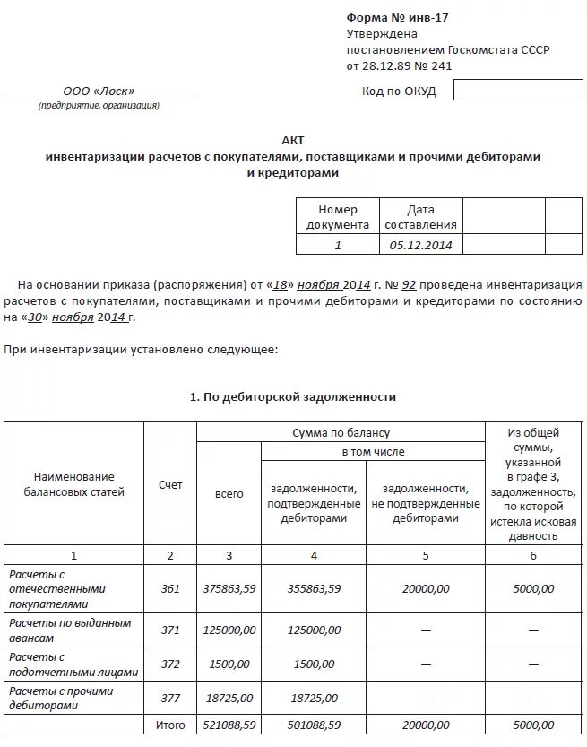 Инвентаризация дебиторов и кредиторов