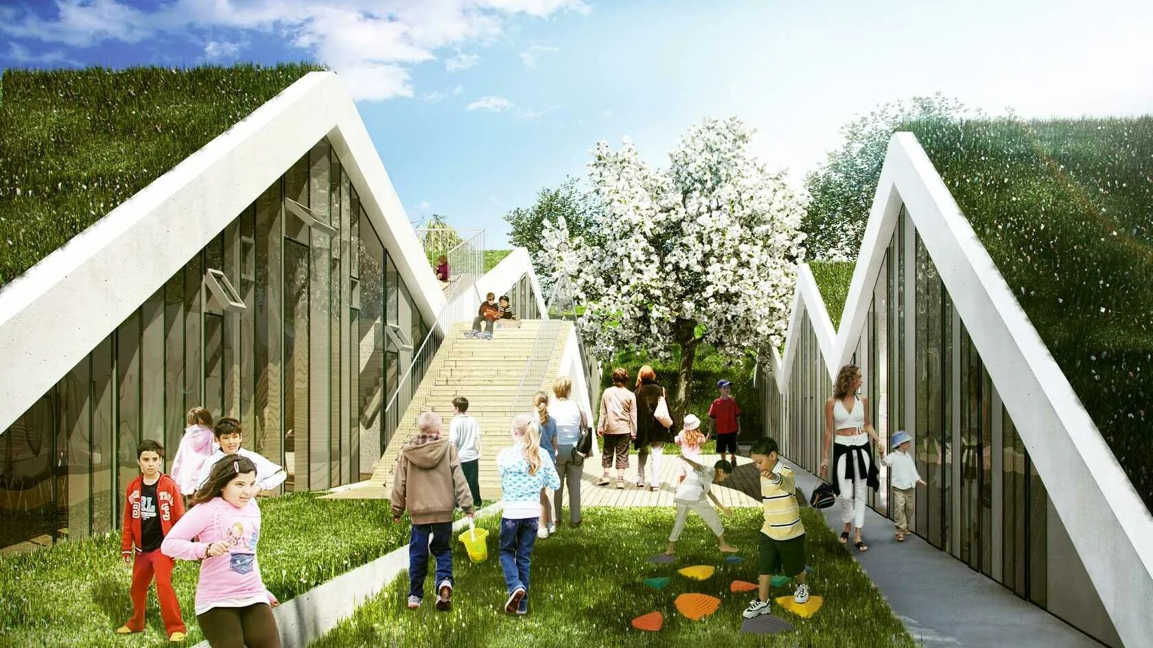 Эко садик. Кампус «зеленая школа» в Швеции. Необычные детские сады. Современная архитектура для детей. Эко архитектура.
