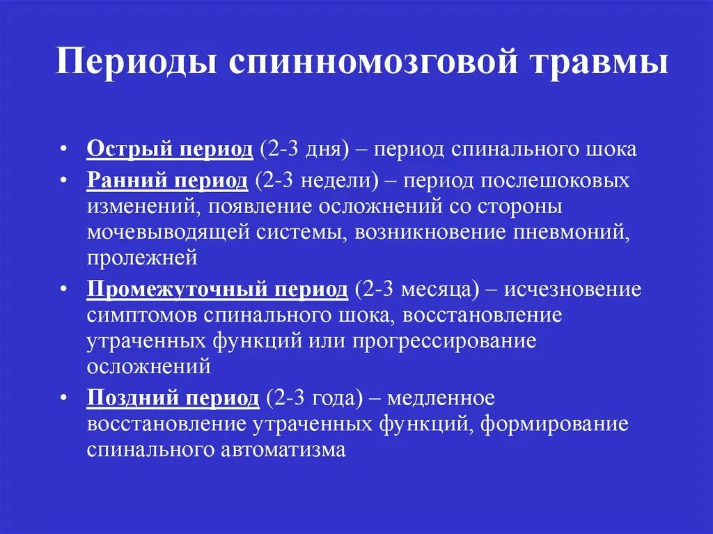 Острый период позвоночно спинномозговой травмы составляет. Периоды спинномозговой травмы. Периоды спинальной травмы. Периоды травматической болезни спинного мозга. Осложнений и в связи с