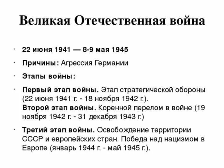 Даты событий великой отечественной войны 1941 1945