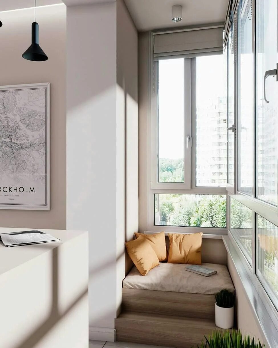 Дизайн квартиры-студии 25 с окном и балконом. Балкон 22