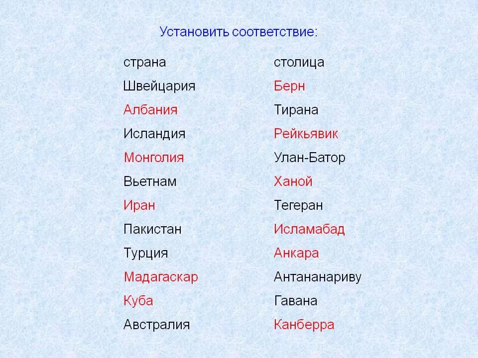 Установите соответствие государств. Установите соответствие страна столица. установи соответствие &quot;страна - столица&quot;. установите соответствие «страна-сосед россии – столица»:. установите соответствие государство столица.