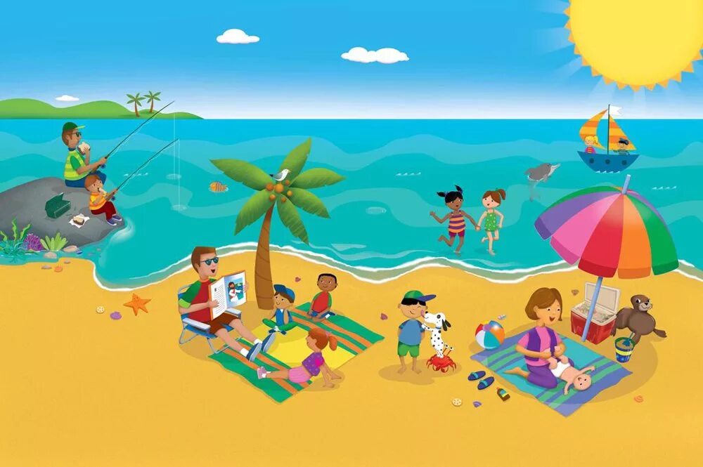 Describing holidays. Пляж иллюстрация. Нарисованный пляж. Пляж рисунок. Дошкольники на пляже.
