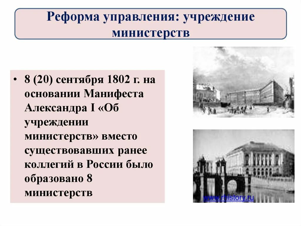 Учреждение министерств произошло. Реформа управления учреждение министерств 1802.