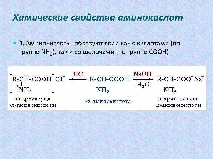 Химические свойства а-аминокислот: реакции по nh2 группе. Химические свойства аминокислот кислотные. Химические реакции аминокислот с соляной кислотой. Образование солей аминокислот. Реакция образования hcl